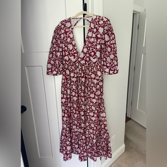 Madison Mathews Red Floral Hand block print maxi dresss back tie - Picture 2 of 6